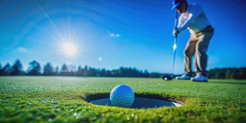 Close up of a golf player gracefully putting a golf ball into the hole on a vibrant green grass under a sunny day , golf, player