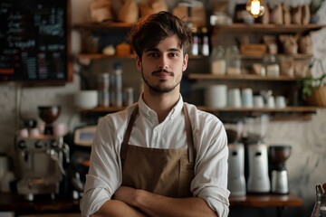 Wall Mural - Portrait of a stylish young barista in the charming ambiance of his small cafe business