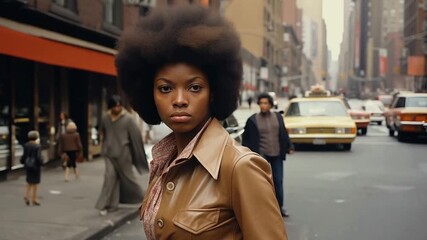 Wall Mural - 1970s woman serious face on a street