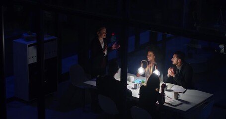 Aufkleber - Meeting, applause and business people in office at night for planning, discussion and teamwork. Collaboration, corporate workplace and men and women celebrate for success, proposal and working late
