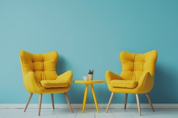 Wall Mural - Minimalist living room with yellow chair and table, pastel color scheme, two men in discussion