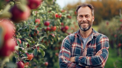 Happy organic farm owner during autumn apple harvest looking at camera. 