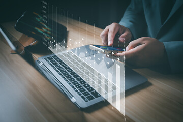 Poster - Businessman using smartphone analyzing sales data and economic growth chart. Business man monitoring on stock market report, internet trading on laptop with financial graph on virtual screen.