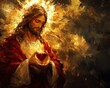 © Kittipong - The Divine Heart A Close-Up Portrait of Jesus Holding a Red Heart, Bathed in Golden Light, with a Dramatic Composition and Brushstroke Detail
