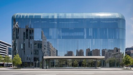 Modern office building with reflective glass panels, blending into the cityscape.-