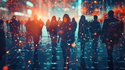 Poster - Silhouettes of people walking in a city street at night with a network of glowing lines connecting them.