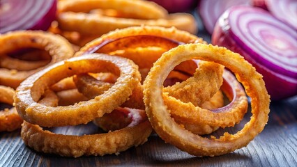 Wall Mural - Blue onion rings up close in a macro photograph, food, snack, appetizer, crunchy, colorful, close-up, abstract, texture, background