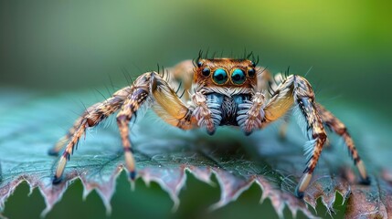 A spider on a plant leaf with detailed view of its legs and web.