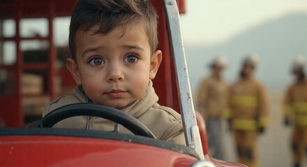 Young boy with serious expression in vehicle driver's seat, capturing childhood aspirations
