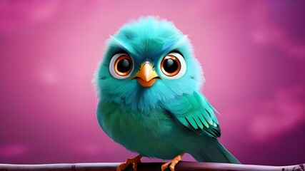 Adorable green bird with big, curious eyes perched on a branch in a vibrant digital forest