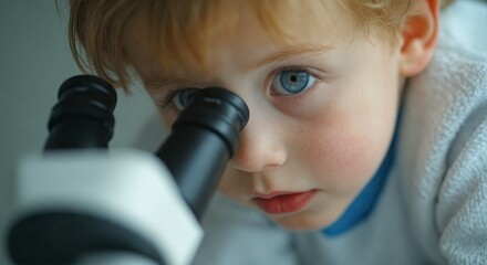 intense close up of a redhead child looking through a microscope. this image beautifully captures th