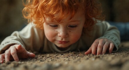 Wall Mural - Close up of a young redheaded boy lying on the ground, intently observing something small. His curious expression embodies the wonder and exploration inherent in childhood discovery.