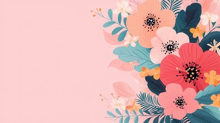 Wall Mural - Pink and Red Floral Illustration with Green Leaves.