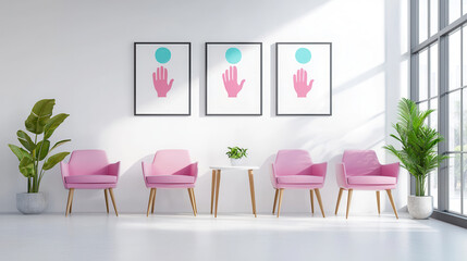 Canvas Print - Minimalist Waiting Area with Pink Armchairs and Abstract Art.