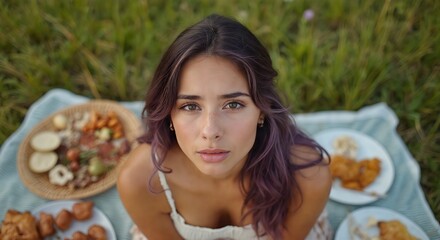 Wall Mural - Carefree young woman with dyed purple hair smiles contentedly outdoors, lying on a picnic blanket surrounded by nature