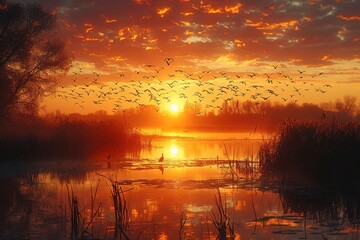 Wall Mural - A sunset over a lake with a flock of birds flying in the sky