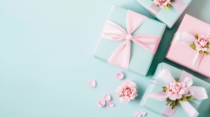 Wall Mural - Pastel Gift Boxes with Pink Flowers on Blue Background.