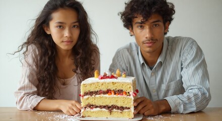 Wall Mural - Young couple leans in over slice of layered birthday cake, the woman with long dark curly hair smiling as the man