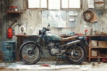 A motorcycle is parked in a garage with a red and white sign on the wall