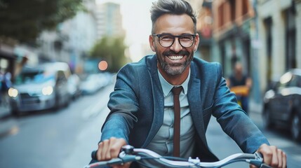 Wall Mural - Happy businessman pushing his bicycle through city. 