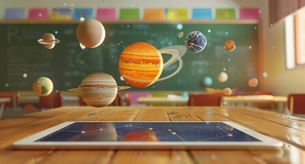 Wall Mural - 3D cartoon animation of the solar system floating above an iPad on a school desk