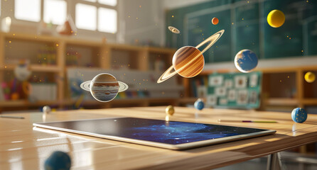 Wall Mural - 3D cartoon animation of the solar system floating above an iPad on a school desk