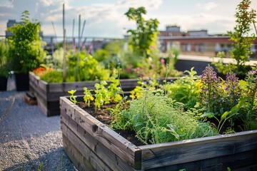 Sticker - A vibrant rooftop garden filled with various plants and flowers in wooden planters.