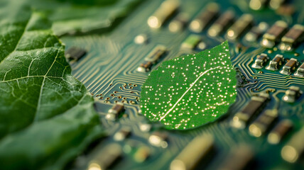 Poster - Green Computing Symbolism with a Close-Up View of a Computer Circuit Board Representing Sustainable Technology

