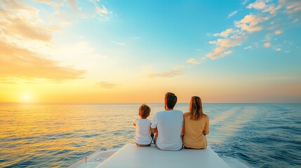 A family enjoying a stunning sunset on a boat, capturing a moment of tranquility and togetherness in nature's beauty.