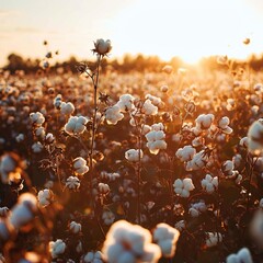 Canvas Print - A serene cotton field illuminated by sunset, showcasing blooming cotton plants.