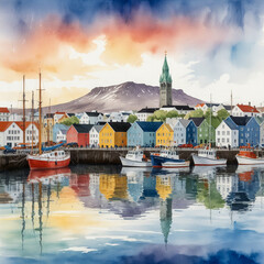 Wall Mural - Watercolor illustration of Reykjavík Harbor, showcasing the vibrant and picturesque coastal scene of Iceland’s capital city.