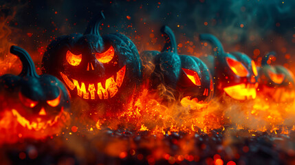 Halloween horror night. Black laughing pumpkins are on fire. A group of pumpkins with their mouths wide open and their eyes burning in the dark