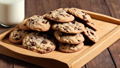 Canvas Print -  Delicious chocolate chip cookies on a wooden tray