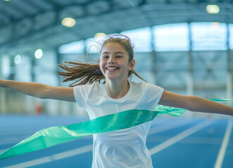 Poster - A girl in a white t-shirt crossing the finish line with a green ribbon, smiling and celebrating her victory at an indoor track stadium during a sports competition for kids