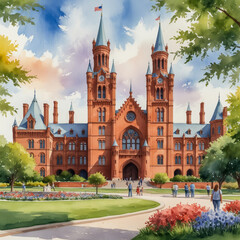 Poster - Watercolor illustration of the Smithsonian Institution Building, commonly known as 'The Castle,' set against the backdrop of the lush gardens and pathways of the National Mall.