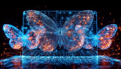 Wall Mural - Abstract butterflies hologram flutter over the laptop. 