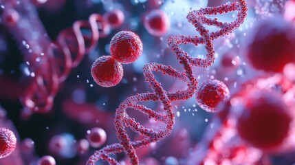 Poster - Close-up of erythrocytes under the microscope, artery walls and DNA strands in focus, ultra-realistic and detailed, [Microscope View], [Genetic Biology and Microbiology]