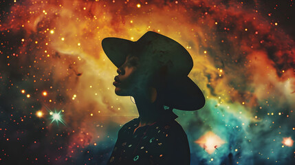 Black woman with hat in abstract space