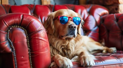 Dog sitting on a leather red sofa and blue sunglasses