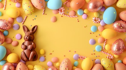 Easter greeting card with colorful candy frame and Easter egg chocolate bunny and eggs on yellow and orange background