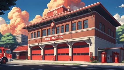 retro style anime fire station background