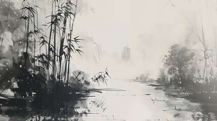 Wall Mural - Chinese ink and water landscape painting