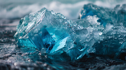 Poster - closeup telephoto of a large blue crystal of ice formed in a river in winter