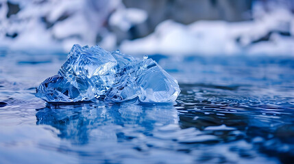 Poster - closeup telephoto of a large blue crystal of ice formed in a river in winter