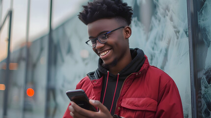 Poster - Cool smiling young African American teen guy holding mobile phone standing at glass city wall. Happy stylish hipster teenager tech user using cell outdoors, looking at cellular checking smartphone