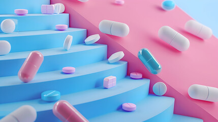 Poster - Creative medical layout made of stair and pills.
