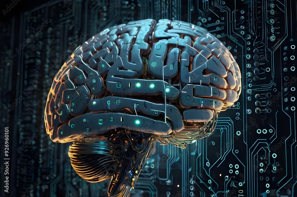A stylized human brain made of circuit boards and glowing data streams ...