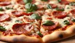 © SwathiFX - Deliciously baked pepperoni pizza with fresh basil leaves