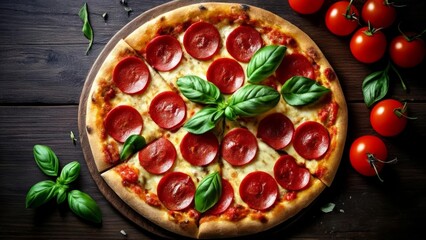 Wall Mural -  Deliciously fresh pepperoni and basil pizza ready to be savored