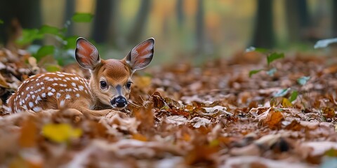 Wall Mural - A fawn resting in a leafy forest floor during autumn capturing the peacefulness of nature and the innocence of young wildlife amidst seasonal changes.